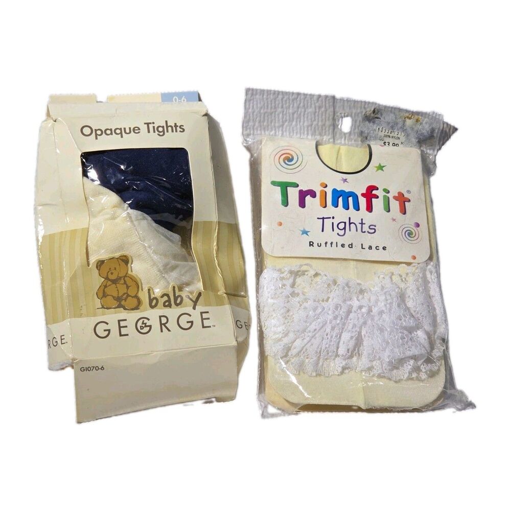 Vintage Baby Girl Tights Lot 3 Pairs Size 0-6 Months Trimfit Ruffle Lace George